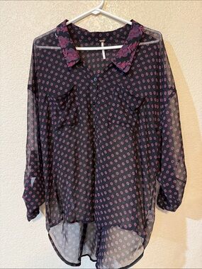 Free People Black Sheer Blouse with Pink Dot & Floral Collar